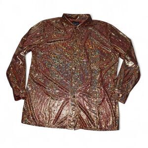 Charades Men's XL Vintage Metallic Foil Psychedelic Animal Print Disco Button Up